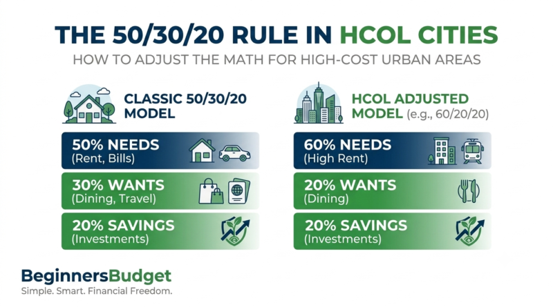 Infographic comparing classic 50/30/20 budgeting rule with 60/20/20 HCOL city model for high rent and urban expenses by BeginnersBudget