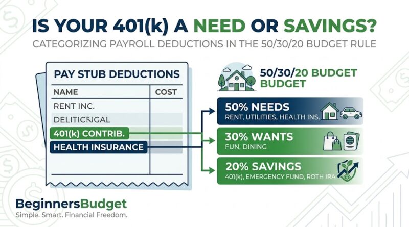 Infographic showing how to categorize paycheck deductions like 401(k) and health insurance in the 50/30/20 budgeting rule by BeginnersBudget