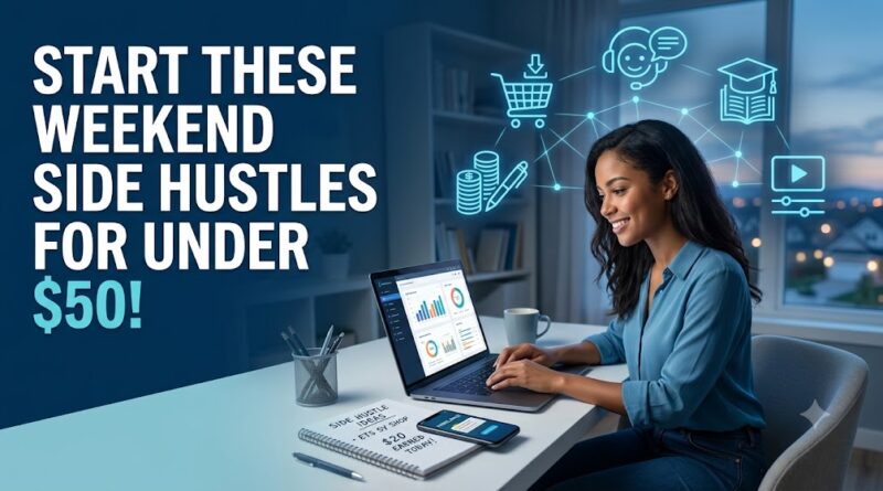 Woman working on a laptop surrounded by glowing cyan icons for digital side hustles under 50 dollars