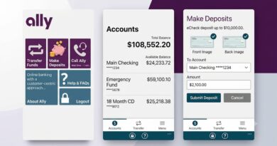 Close-up shot of a smartphone and laptop displaying the Ally Bank account dashboard next to a debit card