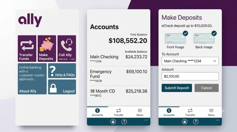 Close-up shot of a smartphone and laptop displaying the Ally Bank account dashboard next to a debit card
