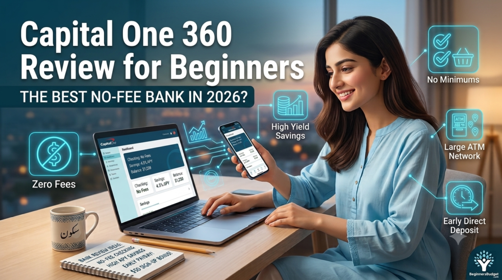 Modern online banking review workspace showing Capital One 360 review for beginners on a laptop screen with a bank debit card and notebook