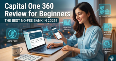 Modern online banking review workspace showing Capital One 360 review for beginners on a laptop screen with a bank debit card and notebook