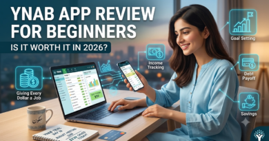 Hands holding a smartphone displaying the YNAB app review for beginners budget screen alongside a laptop and financial workspace